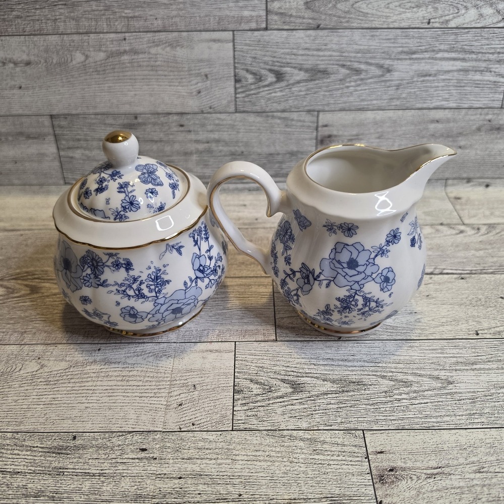 Grace Teaware Blue & White Butterflies And Floral Sugar & Creamer - Picture 3 of 7